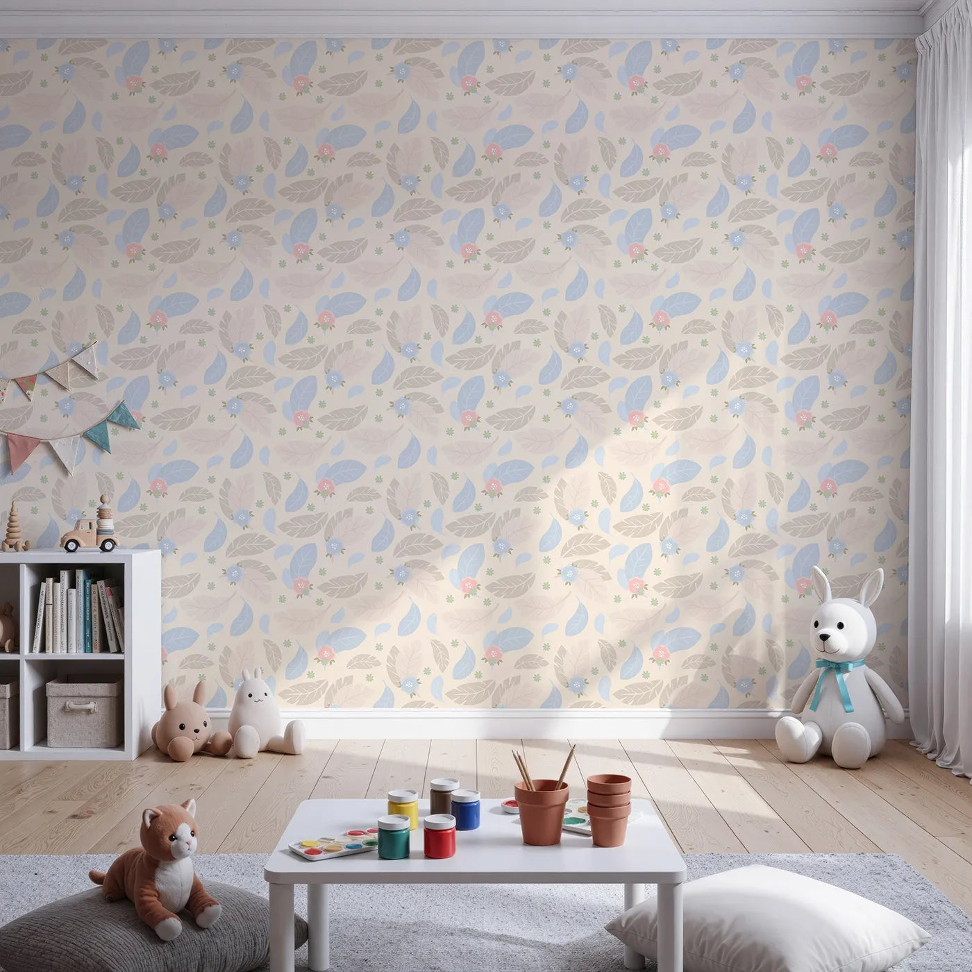 Front view of Whimsy Tots' Whispering Petal Leaves Wallpaper in Buttercream