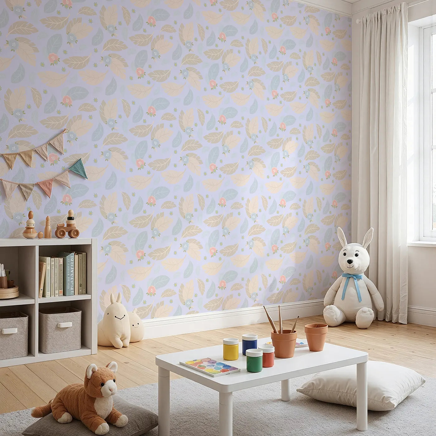 Angled view of Whimsy Tots' Whispering Petal Leaves Wallpaper in Lavender Mist (W3131E).Beige leaves and pastel petals drift through a peaceful lilac sky.