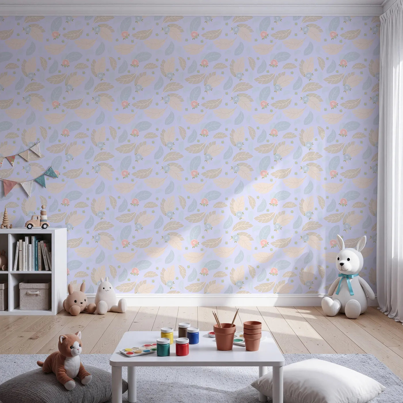 Front view of Whimsy Tots' Whispering Petal Leaves Wallpaper in Lavender Mist