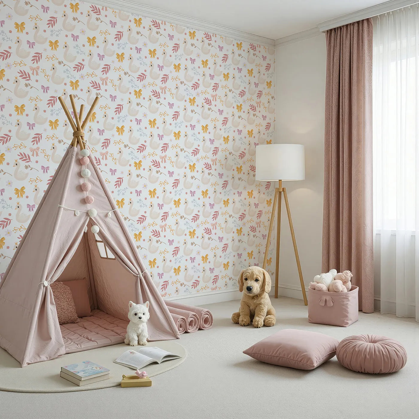 Angled view of Whimsy Tots' Crowned Swan Bloom Wallpaper in White (W3132A).Elegant swans and pastel bows bring story-book grace.