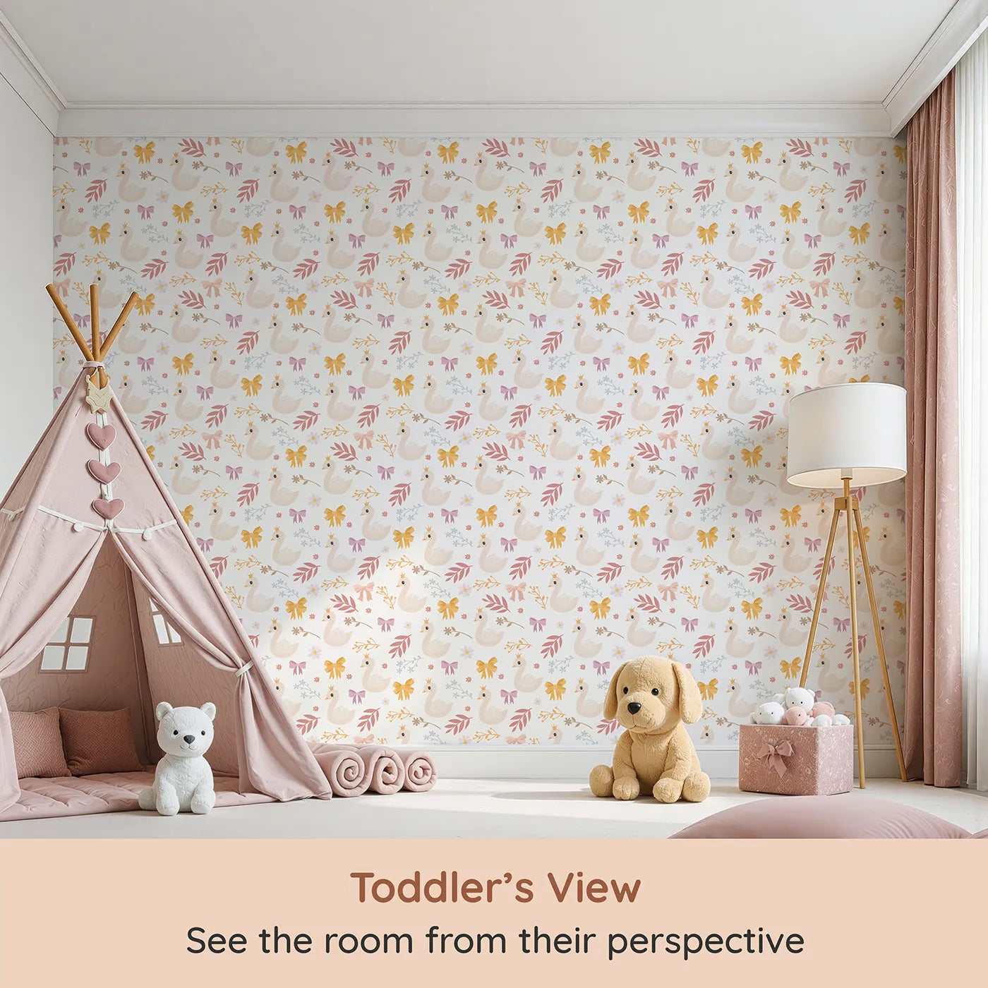 Whimsy Tots Crowned Swan Bloom Wallpaper in White (W3132A) from your child's view.Elegant swans and pastel bows bring story-book grace.