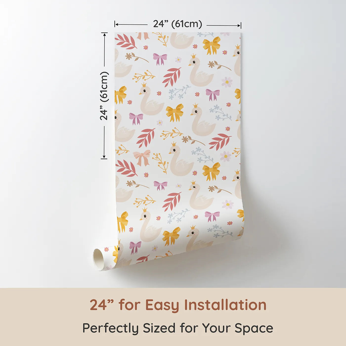 Dimension view of Whimsy Tots Crowned Swan Bloom Wallpaper in White (W3132A). Printed in 24-inch-wide panel for easy installation. Elegant swans and pastel bows bring story-book grace.