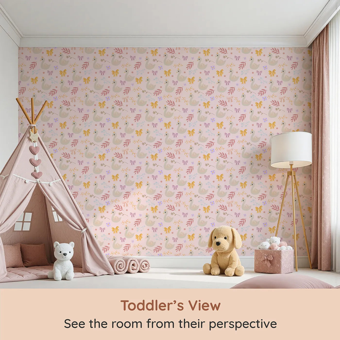 Whimsy Tots Crowned Swan Bloom Wallpaper in Blush Pink (W3132B) from your child's view.Elegant swans and pastel bows bring story-book grace.