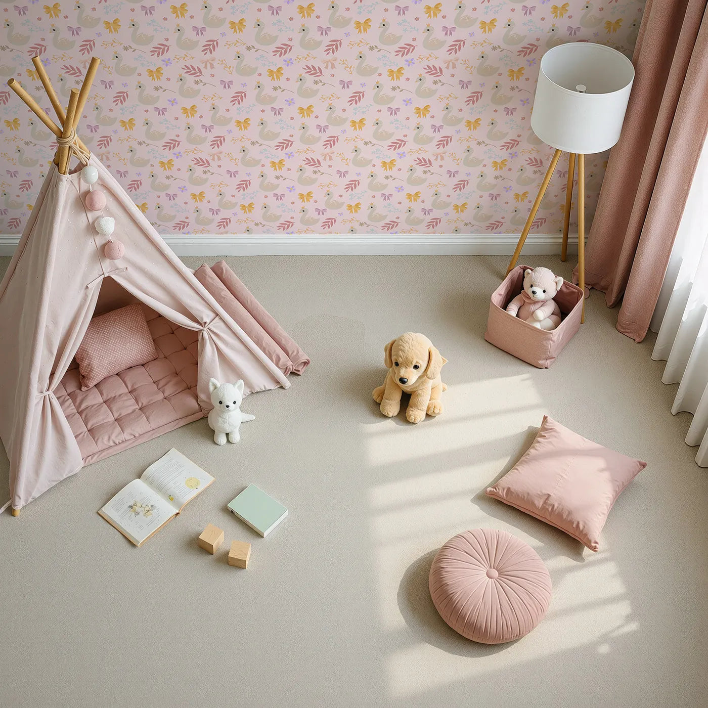 Top-Down view of Whimsy Tots' Crowned Swan Bloom Wallpaper in Blush Pink (W3132B).Elegant swans and pastel bows bring story-book grace.