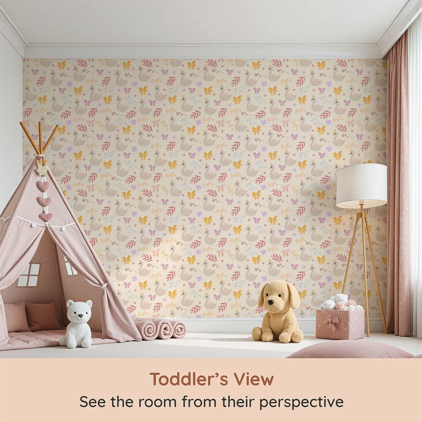 Whimsy Tots Crowned Swan Bloom Wallpaper in Beige (W3132C) from your child's view.Elegant swans and pastel bows bring story-book grace.