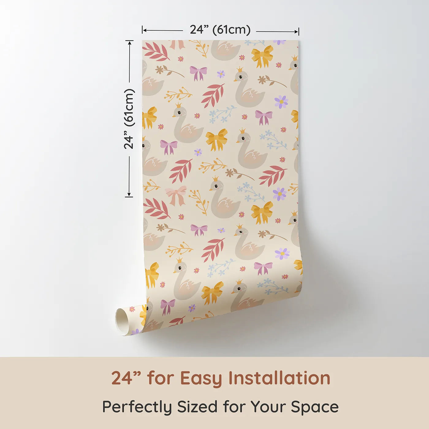 Dimension view of Whimsy Tots Crowned Swan Bloom Wallpaper in Beige (W3132C). Printed in 24-inch-wide panel for easy installation. Elegant swans and pastel bows bring story-book grace.