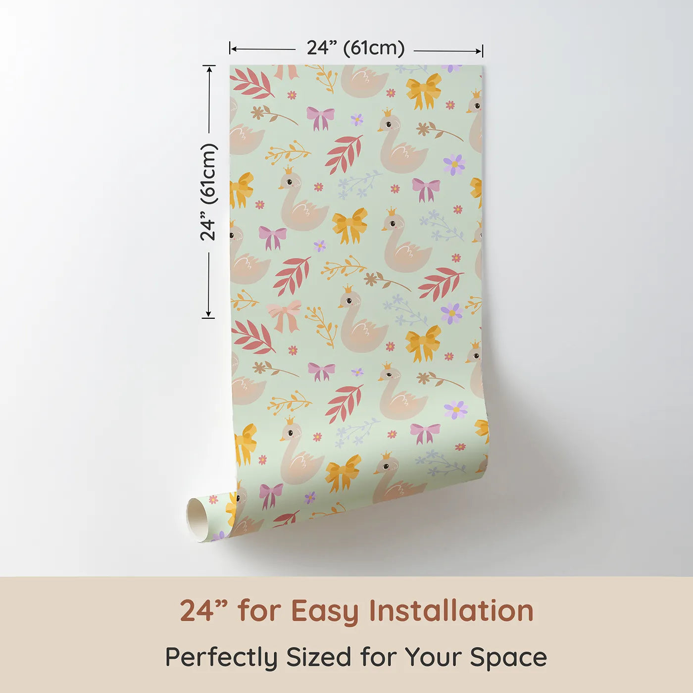 Dimension view of Whimsy Tots Crowned Swan Bloom Wallpaper in Mint Green (W3132D). Printed in 24-inch-wide panel for easy installation. Elegant swans and pastel bows bring story-book grace.