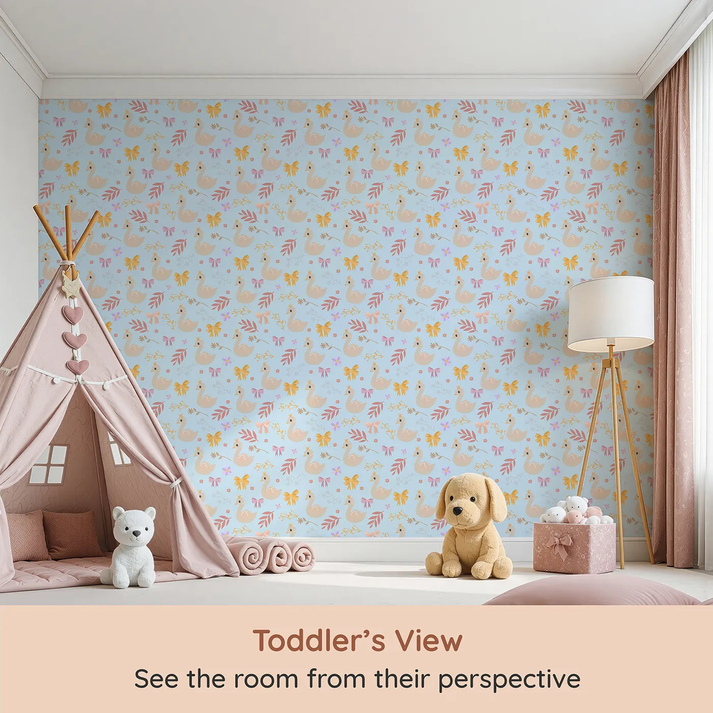 Whimsy Tots Crowned Swan Bloom Wallpaper in Sky Blue (W3132E) from your child's view.Elegant swans and pastel bows bring story-book grace.
