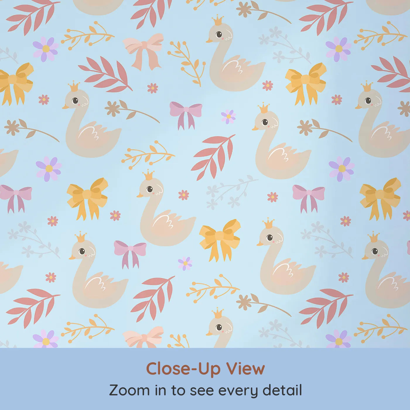 Close-up view of Whimsy Tots' Crowned Swan Bloom Wallpaper in Sky Blue (W3132E).Elegant swans and pastel bows bring story-book grace.