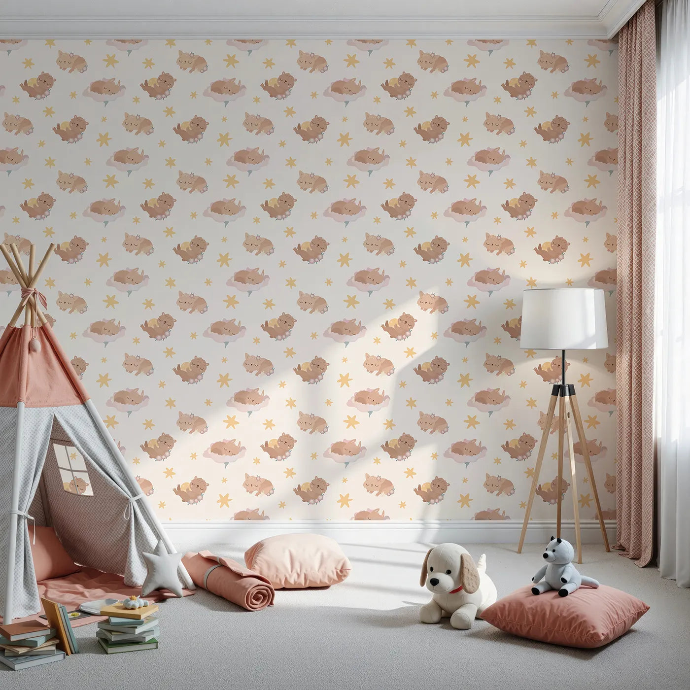 Front view of Whimsy Tots' Woodland Nap Parade Wallpaper in Blush Pink