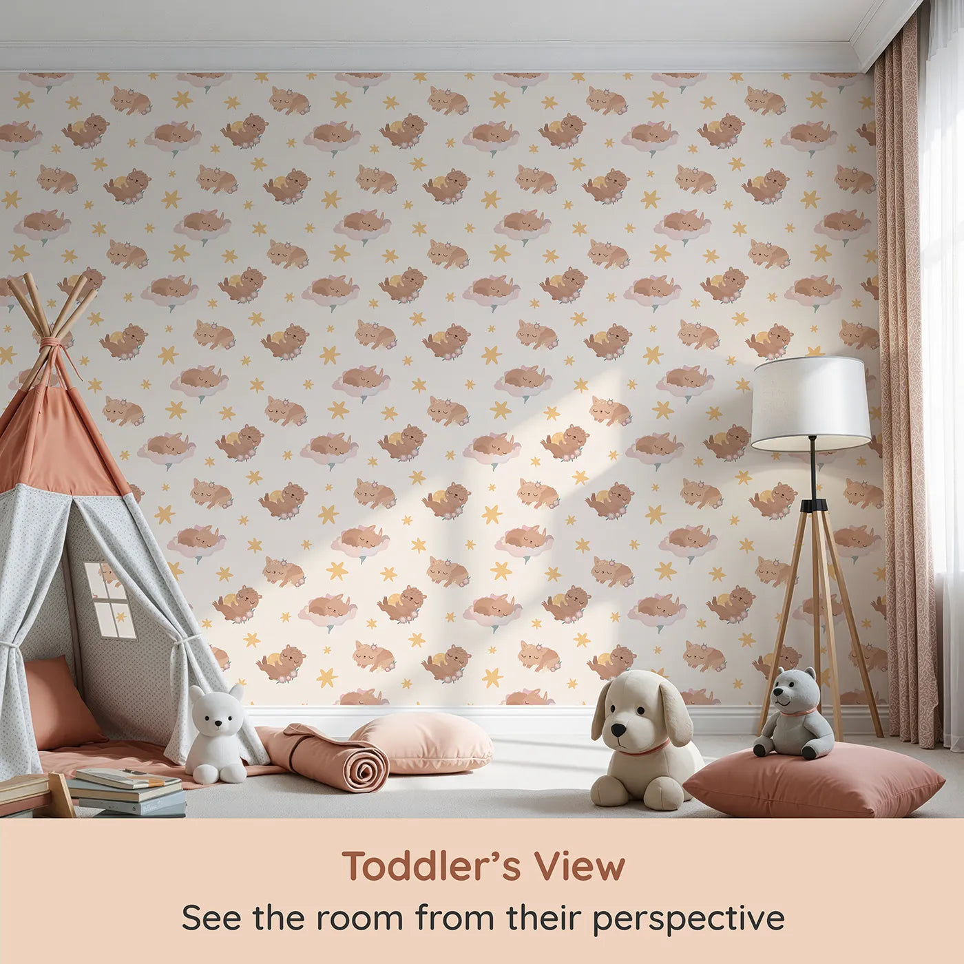 Whimsy Tots Woodland Nap Parade Wallpaper in Blush Pink (W3133A) from your child's view.Sleeping animals and golden stars fill their space with dreamy warmth.