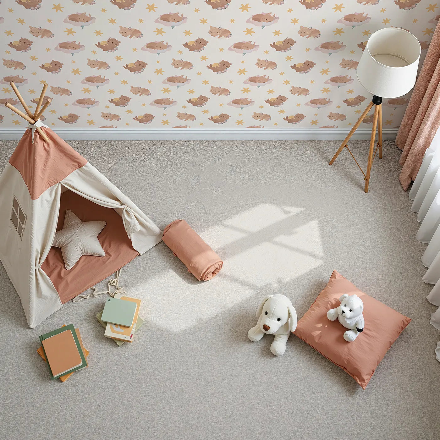 Top-Down view of Whimsy Tots' Woodland Nap Parade Wallpaper in Blush Pink (W3133A).Sleeping animals and golden stars fill their space with dreamy warmth.