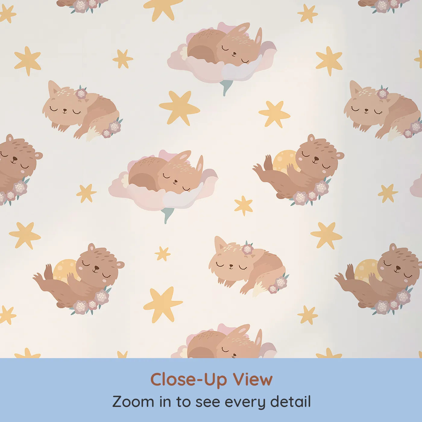 Close-up view of Whimsy Tots' Woodland Nap Parade Wallpaper in Blush Pink (W3133A).Sleeping animals and golden stars fill their space with dreamy warmth.