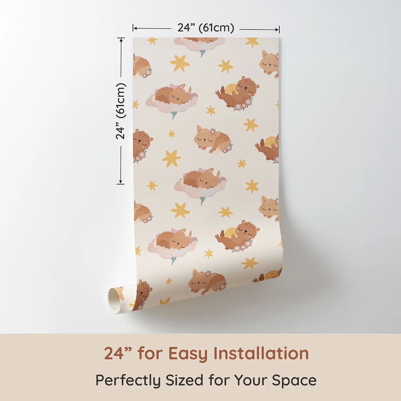 Dimension view of Whimsy Tots Woodland Nap Parade Wallpaper in Blush Pink (W3133A). Printed in 24-inch-wide panel for easy installation. Sleeping animals and golden stars fill their space with dreamy warmth.