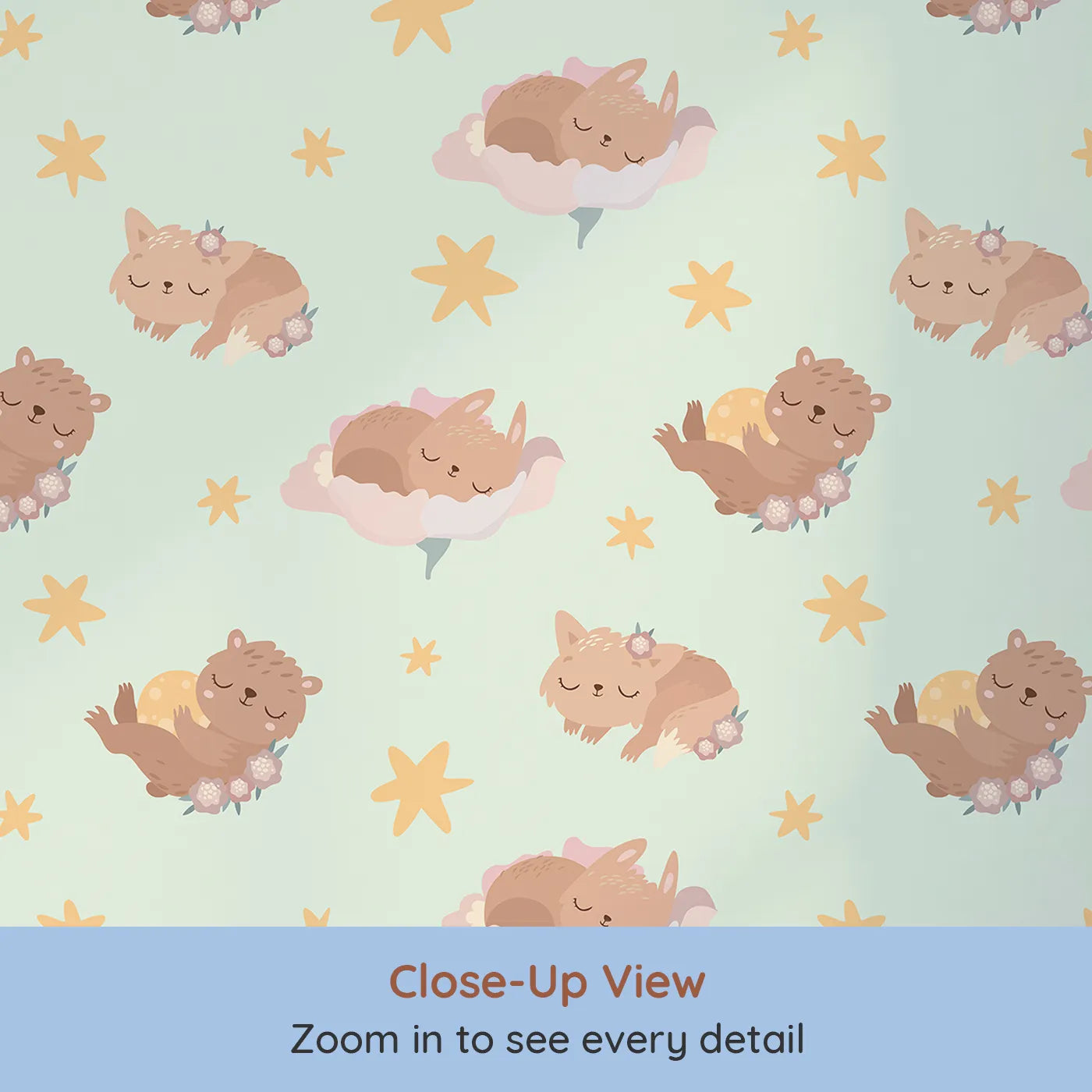 Close-up view of Whimsy Tots' Woodland Nap Parade Wallpaper in Buttercream (W3133C).Sweet creatures and golden stars turn their space into a warm bedtime story.