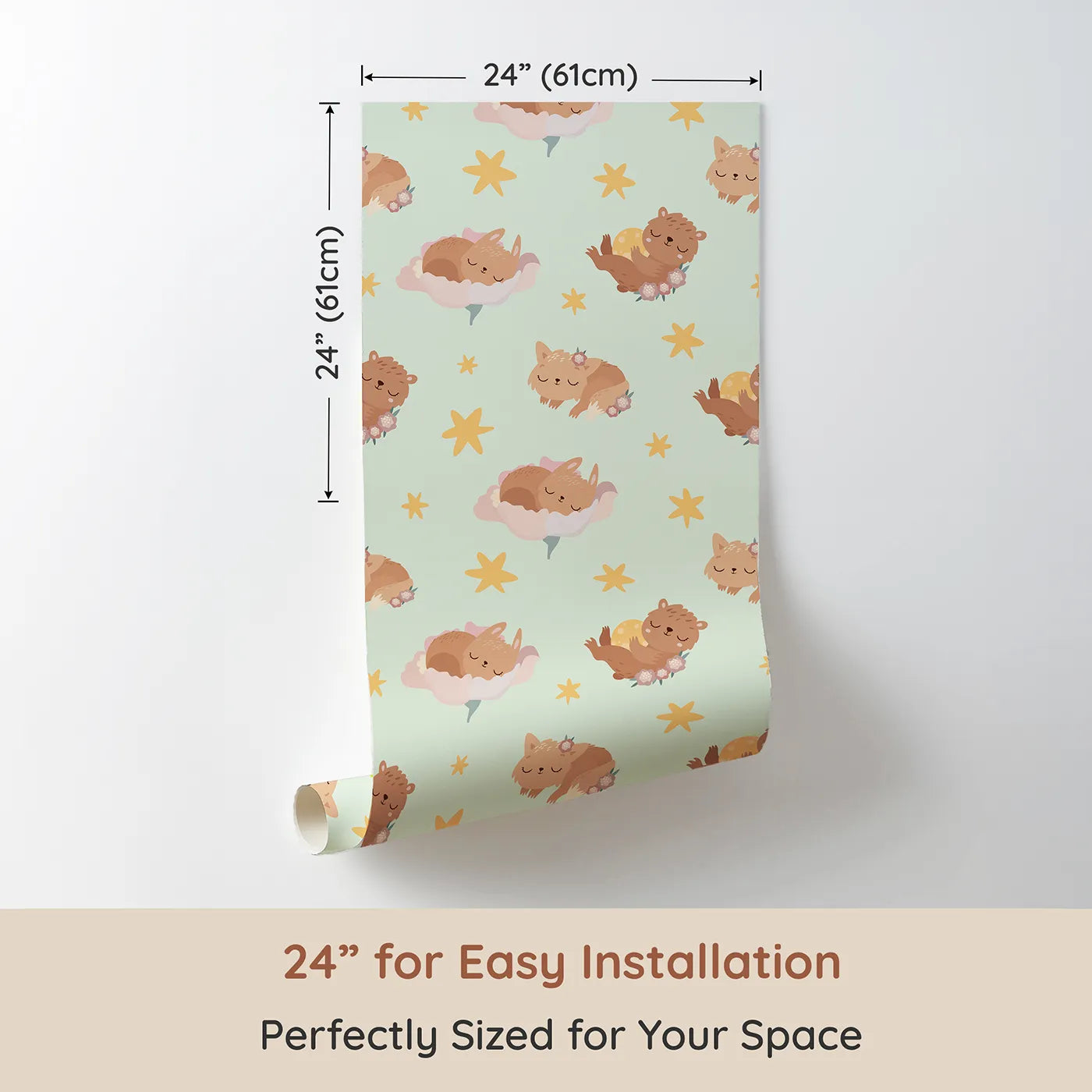 Dimension view of Whimsy Tots Woodland Nap Parade Wallpaper in Buttercream (W3133C). Printed in 24-inch-wide panel for easy installation. Sweet creatures and golden stars turn their space into a warm bedtime story.