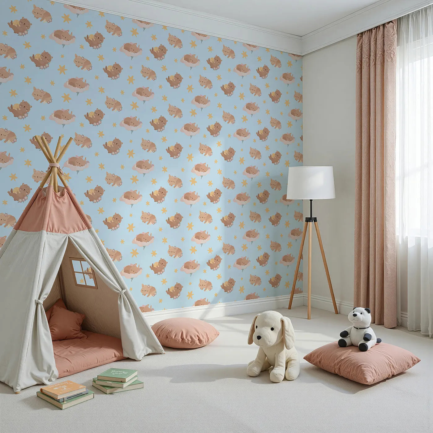 Angled view of Whimsy Tots' Woodland Nap Parade Wallpaper in Dreamy Blue (W3133D).Woodland critters and golden stars drift peacefully through blue skies.