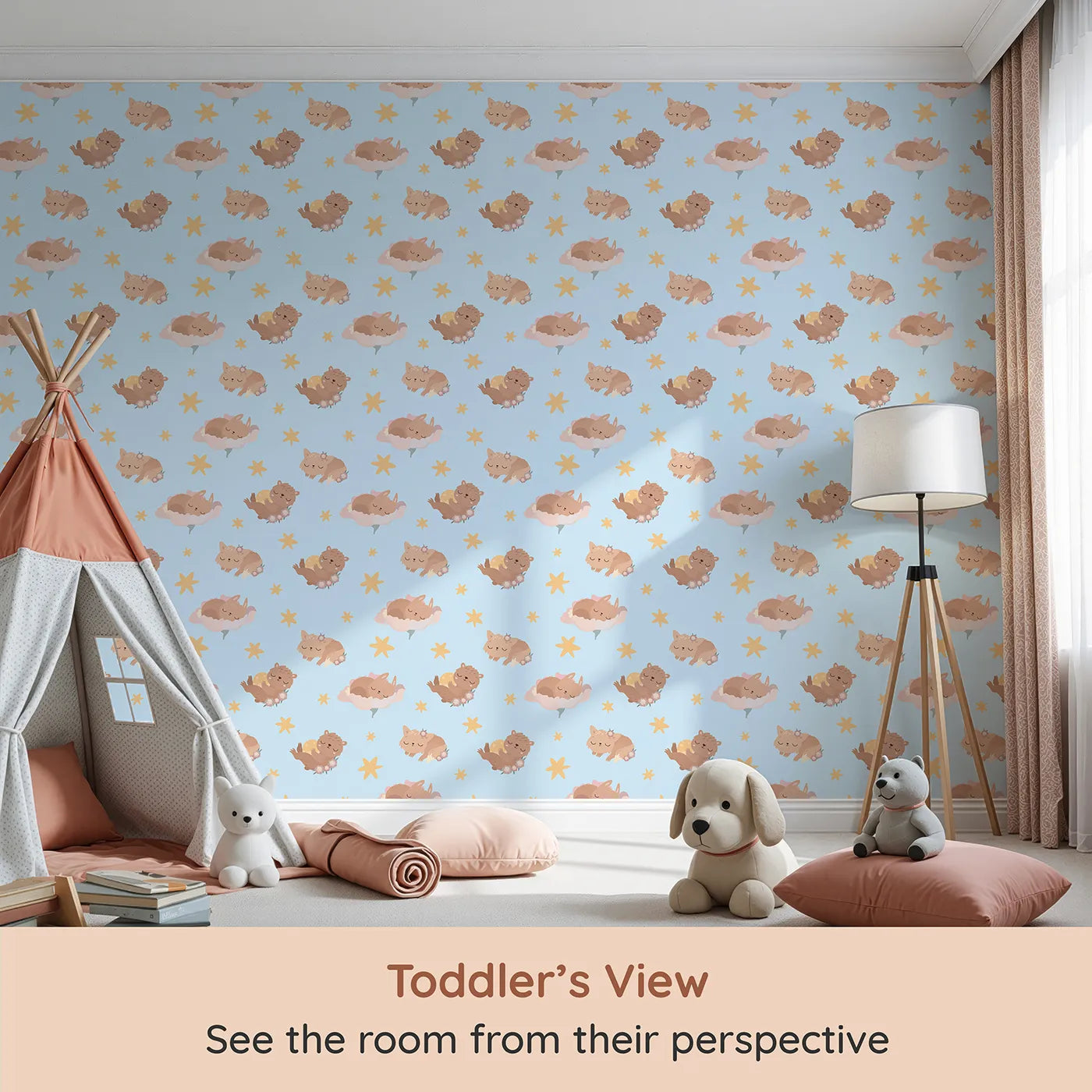 Whimsy Tots Woodland Nap Parade Wallpaper in Dreamy Blue (W3133D) from your child's view.Woodland critters and golden stars drift peacefully through blue skies.