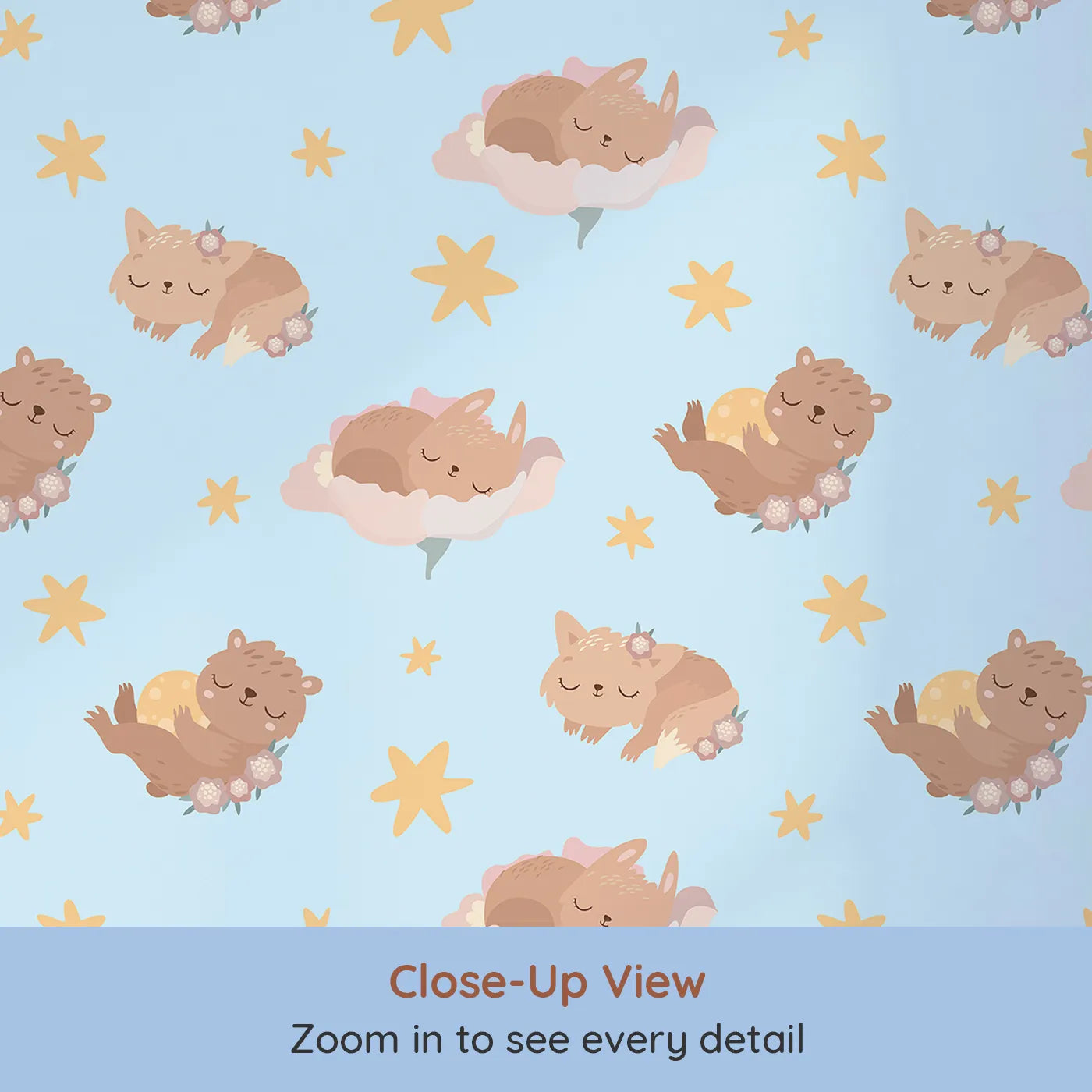 Close-up view of Whimsy Tots' Woodland Nap Parade Wallpaper in Dreamy Blue (W3133D).Woodland critters and golden stars drift peacefully through blue skies.