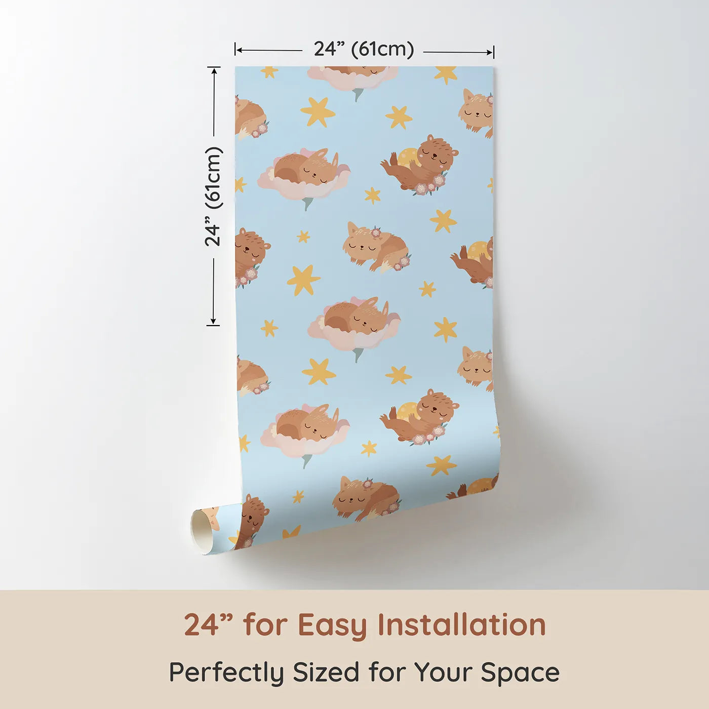 Dimension view of Whimsy Tots Woodland Nap Parade Wallpaper in Dreamy Blue (W3133D). Printed in 24-inch-wide panel for easy installation. Woodland critters and golden stars drift peacefully through blue skies.