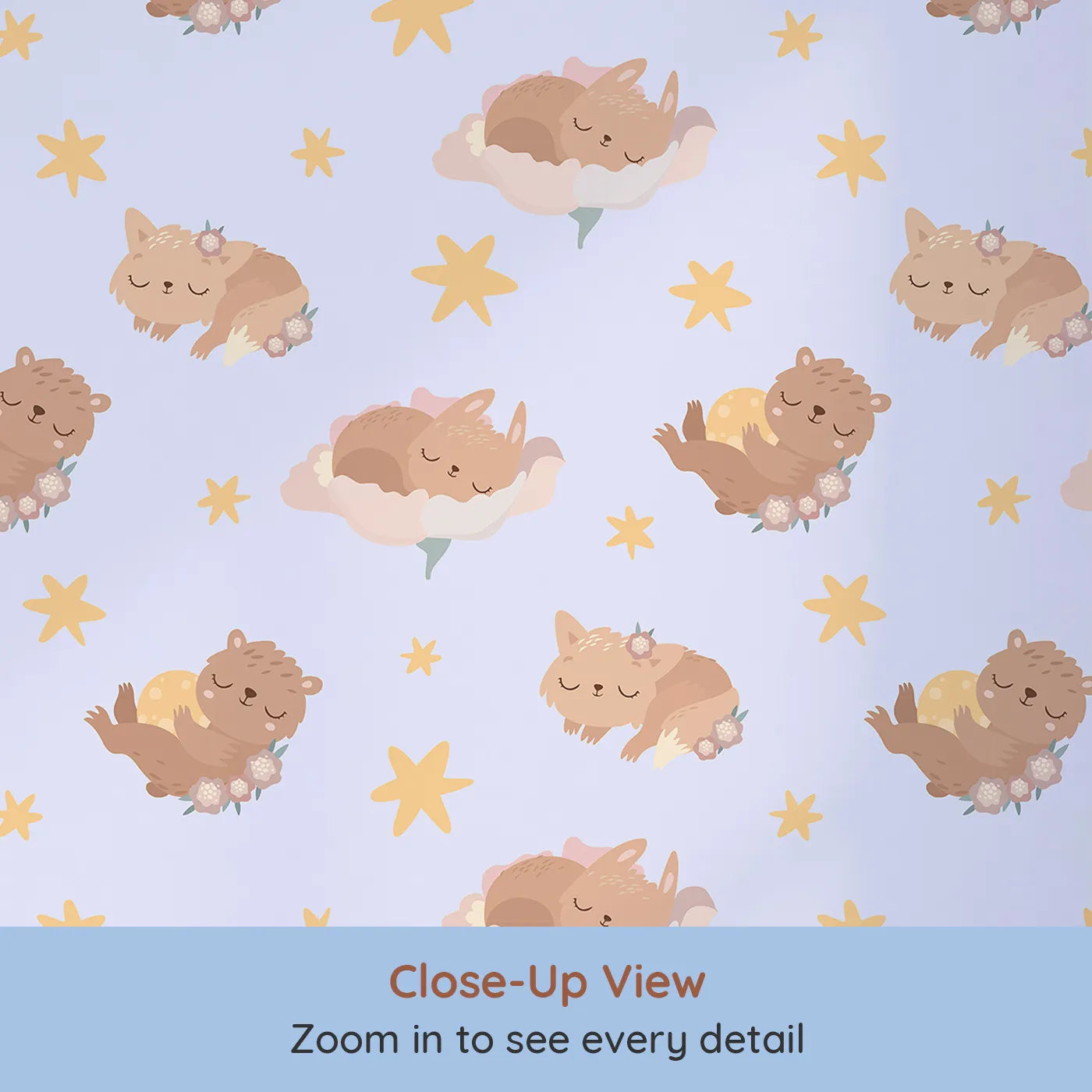 Close-up view of Whimsy Tots' Woodland Nap Parade Wallpaper in Lavender Mist (W3133E).Cuddly creatures and soft stars snooze across a purple lullaby.