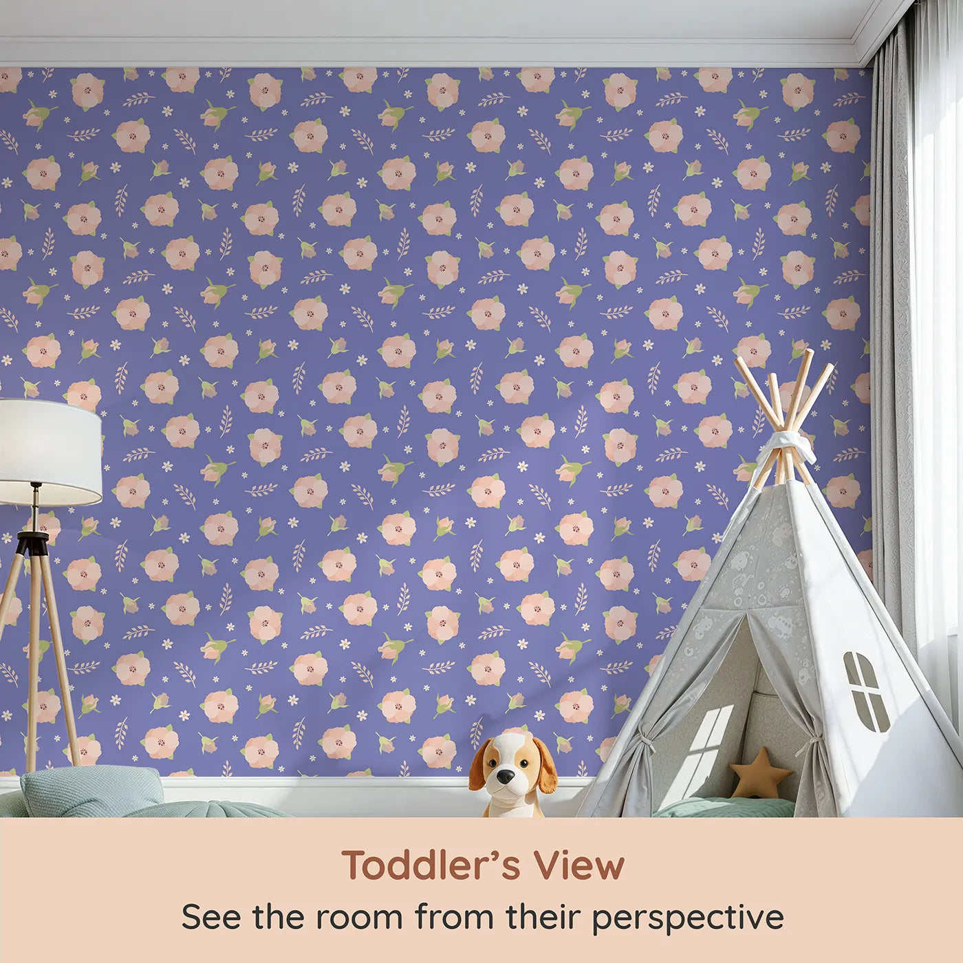 Whimsy Tots Blush Meadow Bloom Wallpaper in Lavender Bloom (W3134C) from your child's view.Blush florals bloom against soft lavender skies.