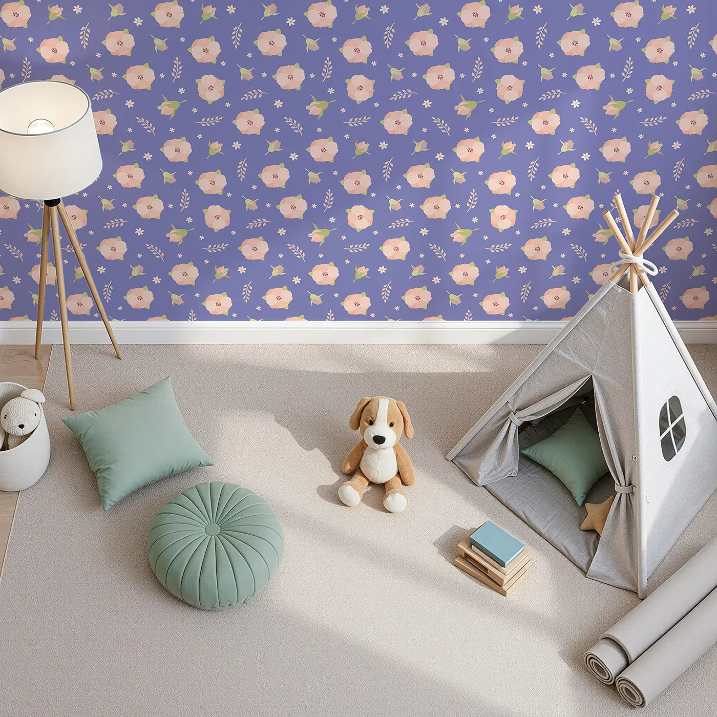 Top-Down view of Whimsy Tots' Blush Meadow Bloom Wallpaper in Lavender Bloom (W3134C).Blush florals bloom against soft lavender skies.