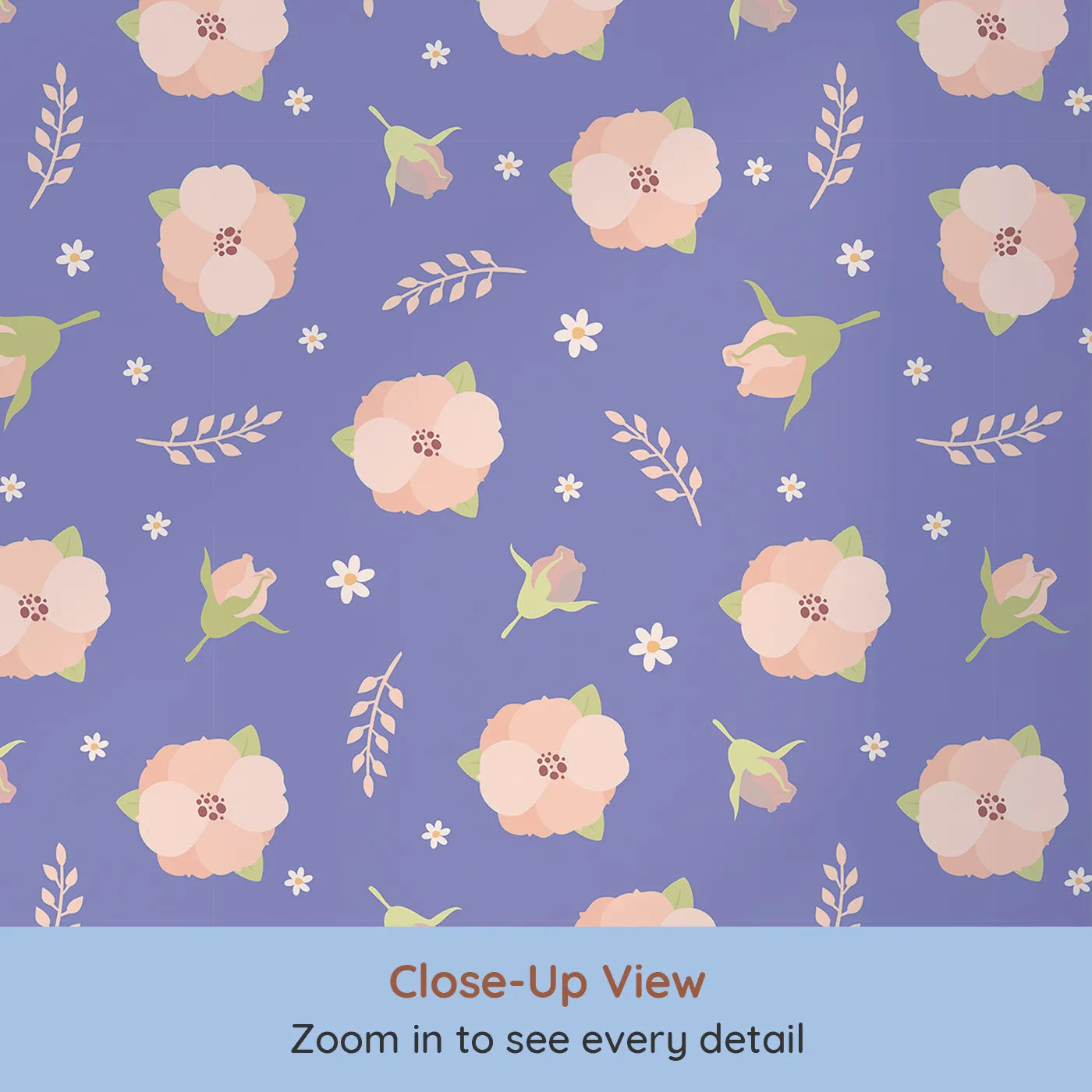 Close-up view of Whimsy Tots' Blush Meadow Bloom Wallpaper in Lavender Bloom (W3134C).Blush florals bloom against soft lavender skies.