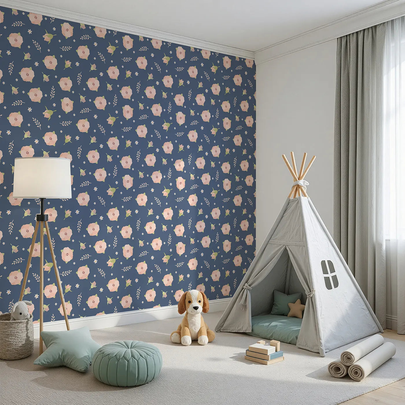 Angled view of Whimsy Tots' Blush Meadow Bloom Wallpaper in Midnight Blue (W3134D).Peachy blooms and daisies glow against a deep starry blue.