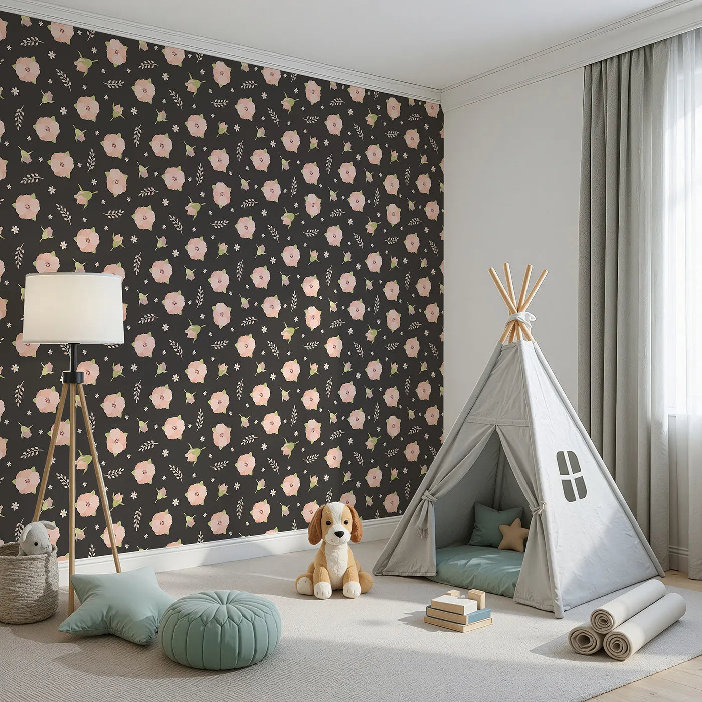 Angled view of Whimsy Tots' Blush Meadow Bloom Wallpaper in Midnight Cocoa Brown (W3134E).Peachy blooms shine softly on a rich cocoa backdrop.
