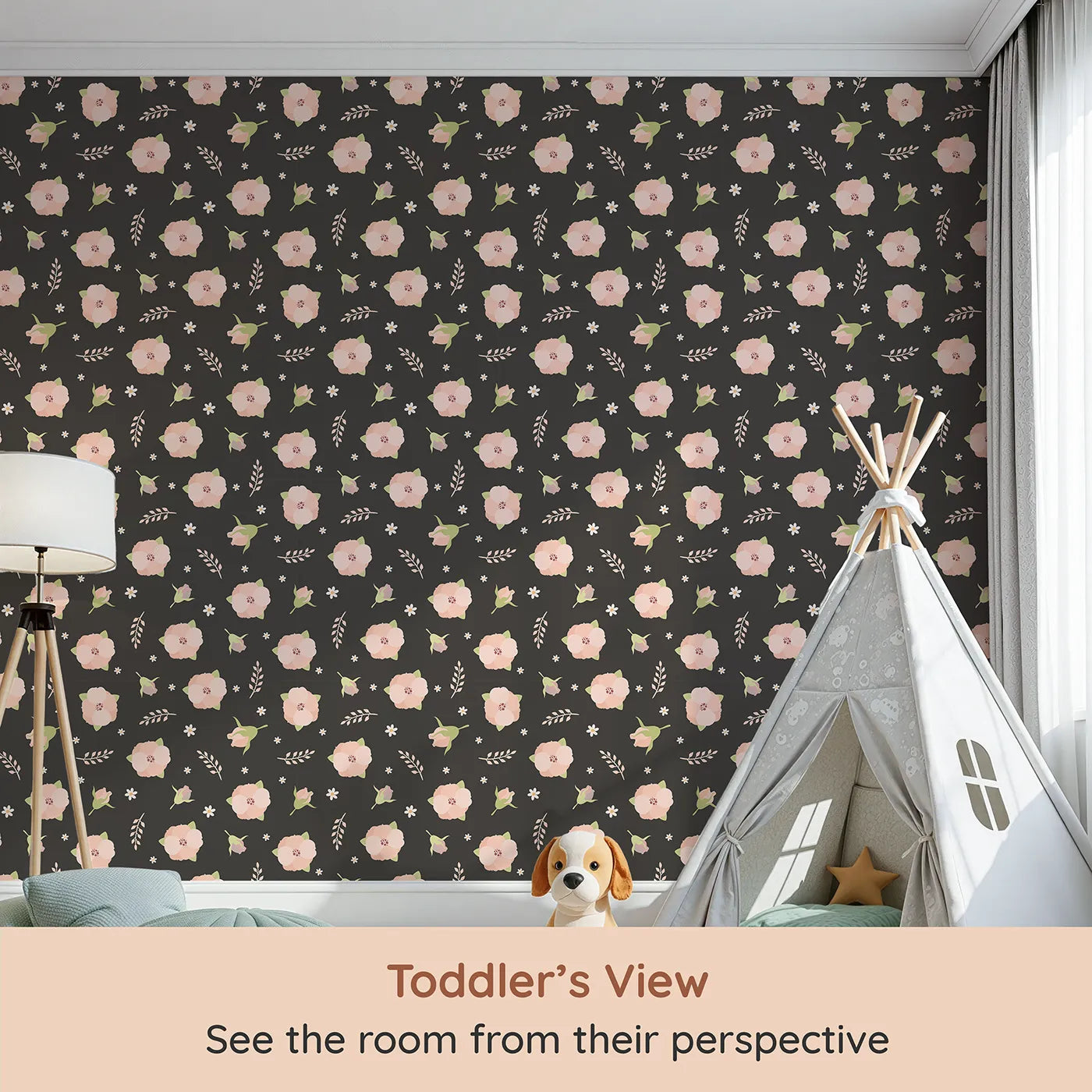 Whimsy Tots Blush Meadow Bloom Wallpaper in Midnight Cocoa Brown (W3134E) from your child's view.Peachy blooms shine softly on a rich cocoa backdrop.