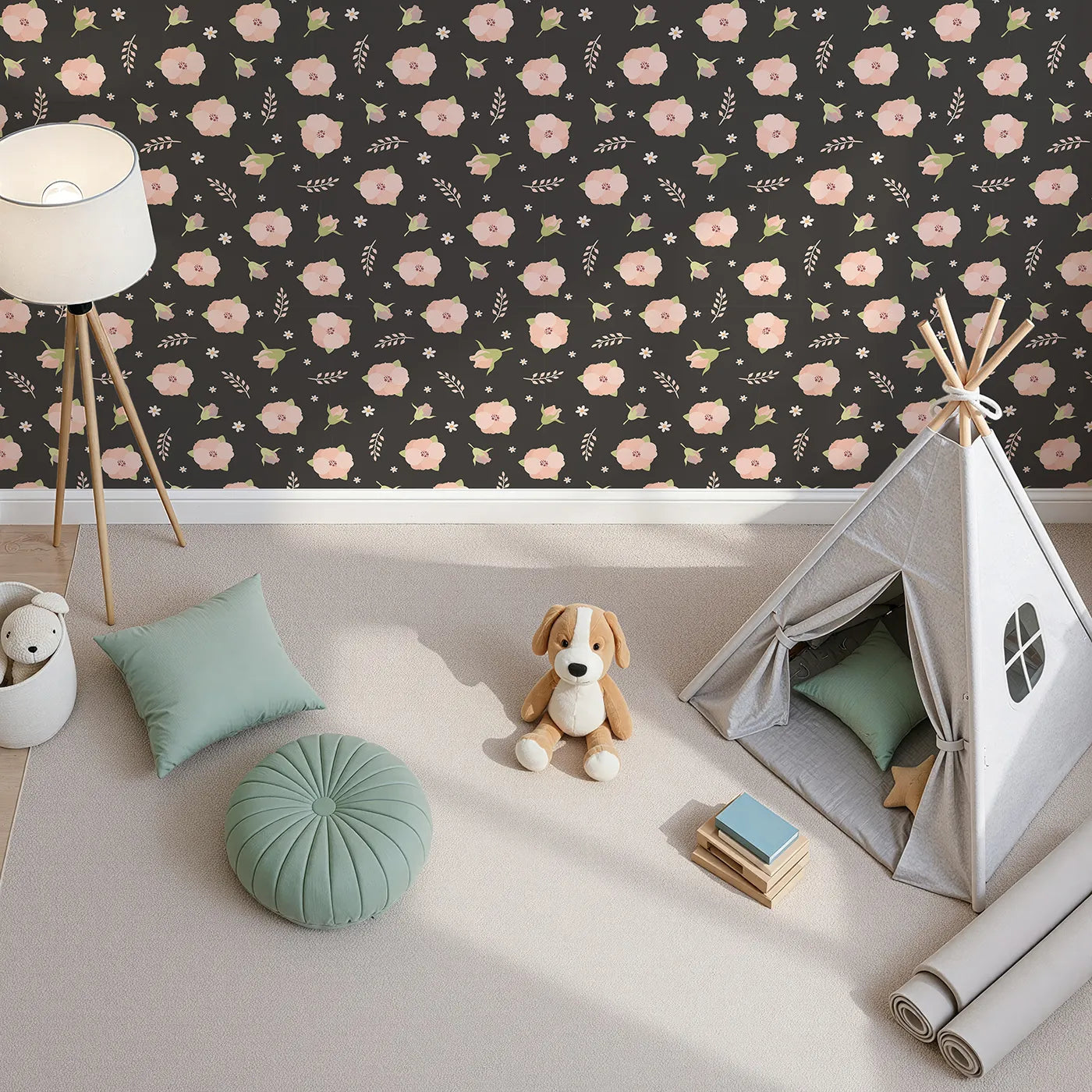 Top-Down view of Whimsy Tots' Blush Meadow Bloom Wallpaper in Midnight Cocoa Brown (W3134E).Peachy blooms shine softly on a rich cocoa backdrop.