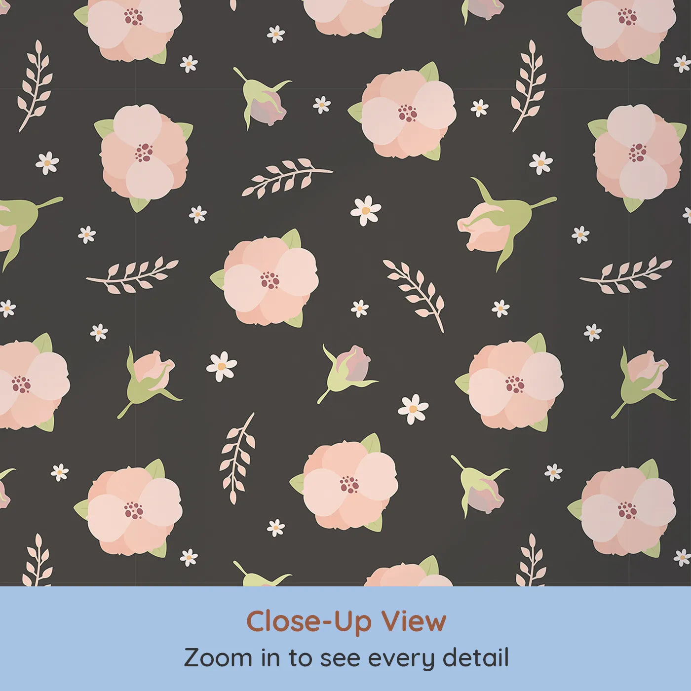Close-up view of Whimsy Tots' Blush Meadow Bloom Wallpaper in Midnight Cocoa Brown (W3134E).Peachy blooms shine softly on a rich cocoa backdrop.