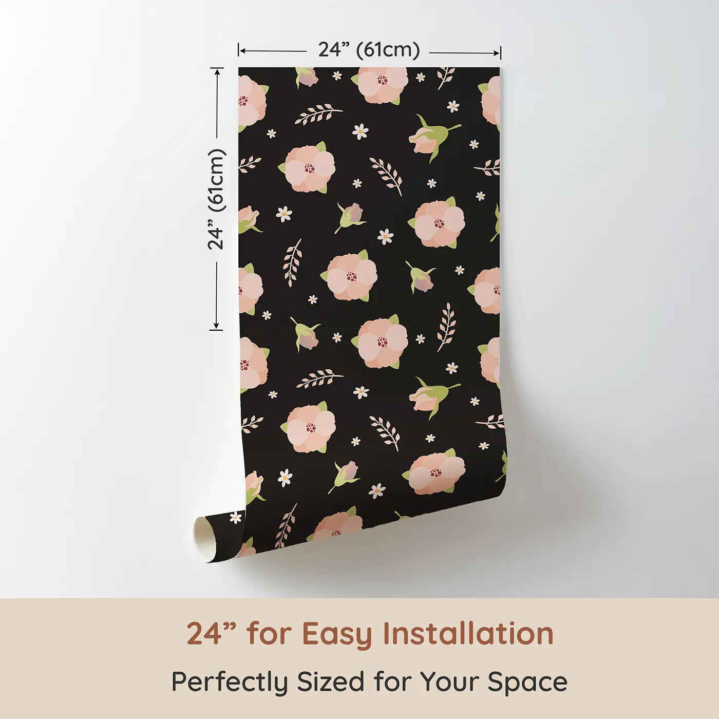 Dimension view of Whimsy Tots Blush Meadow Bloom Wallpaper in Midnight Cocoa Brown (W3134E). Printed in 24-inch-wide panel for easy installation. Peachy blooms shine softly on a rich cocoa backdrop.
