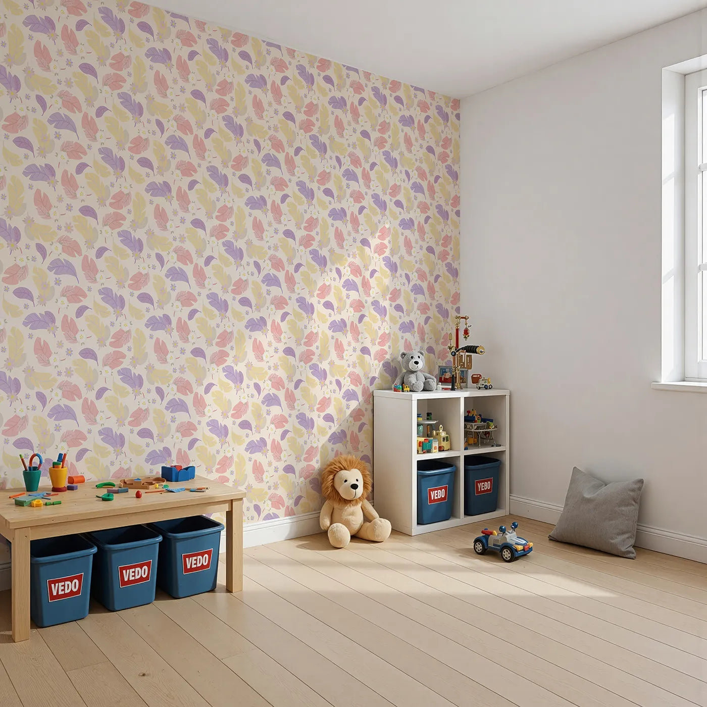 Angled view of Whimsy Tots' Pastel Feather Garden Wallpaper in Vanilla Cream (W3135C).Feathers and florals drift gently over a warm vanilla base.