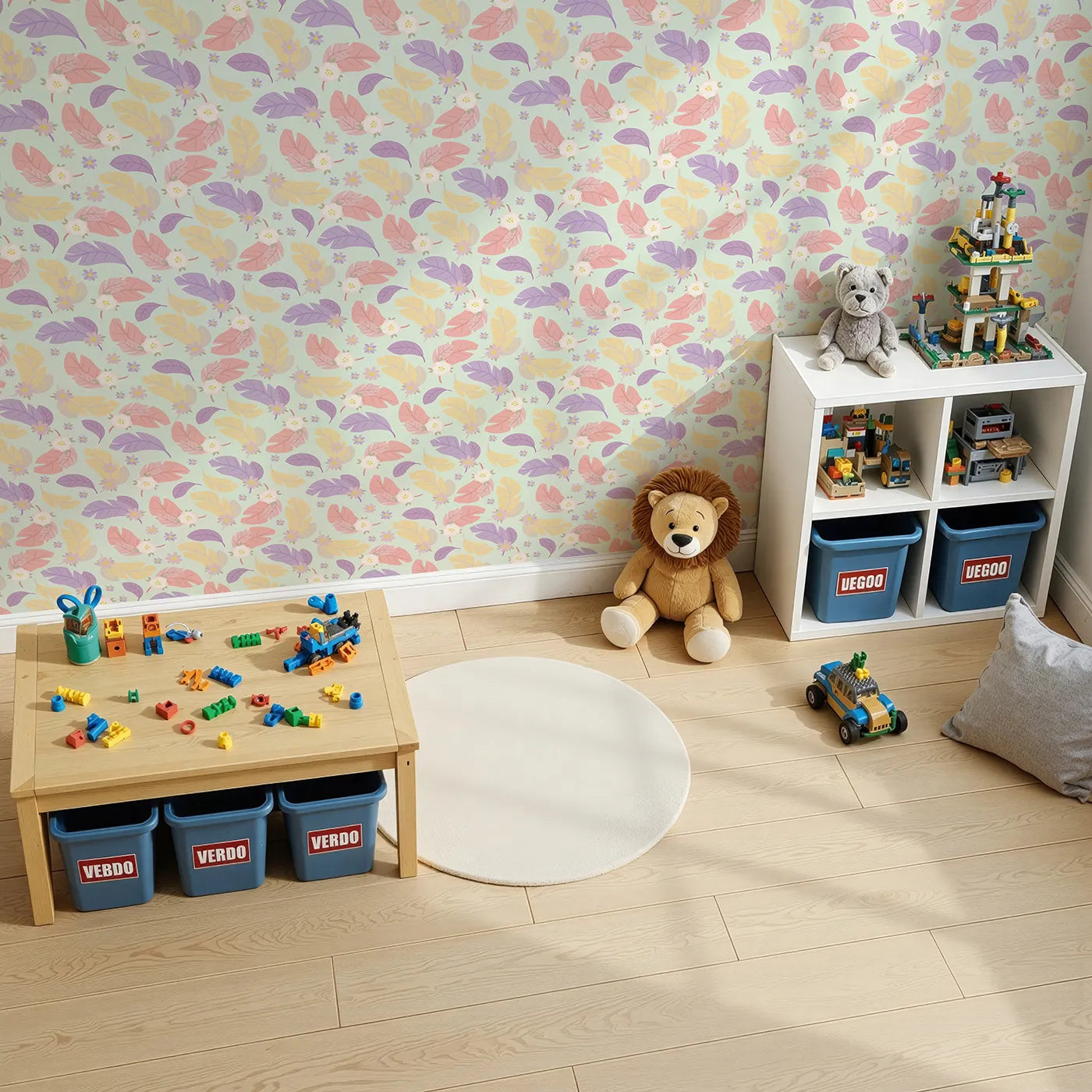 Top-Down view of Whimsy Tots' Pastel Feather Garden Wallpaper in Mint Whisper Green (W3135D).Feathers and florals swirl softly through a pastel mint sky.