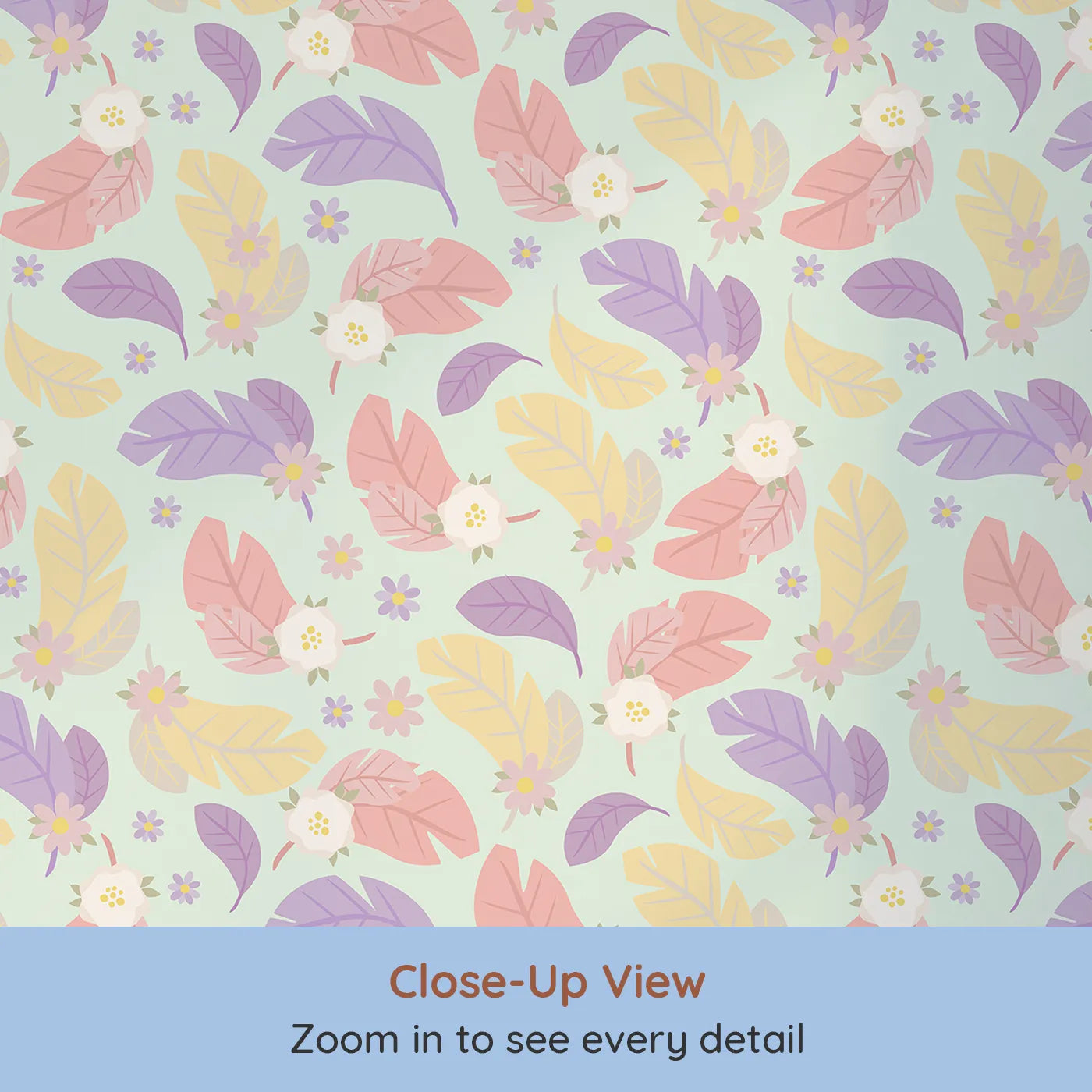 Close-up view of Whimsy Tots' Pastel Feather Garden Wallpaper in Mint Whisper Green (W3135D).Feathers and florals swirl softly through a pastel mint sky.