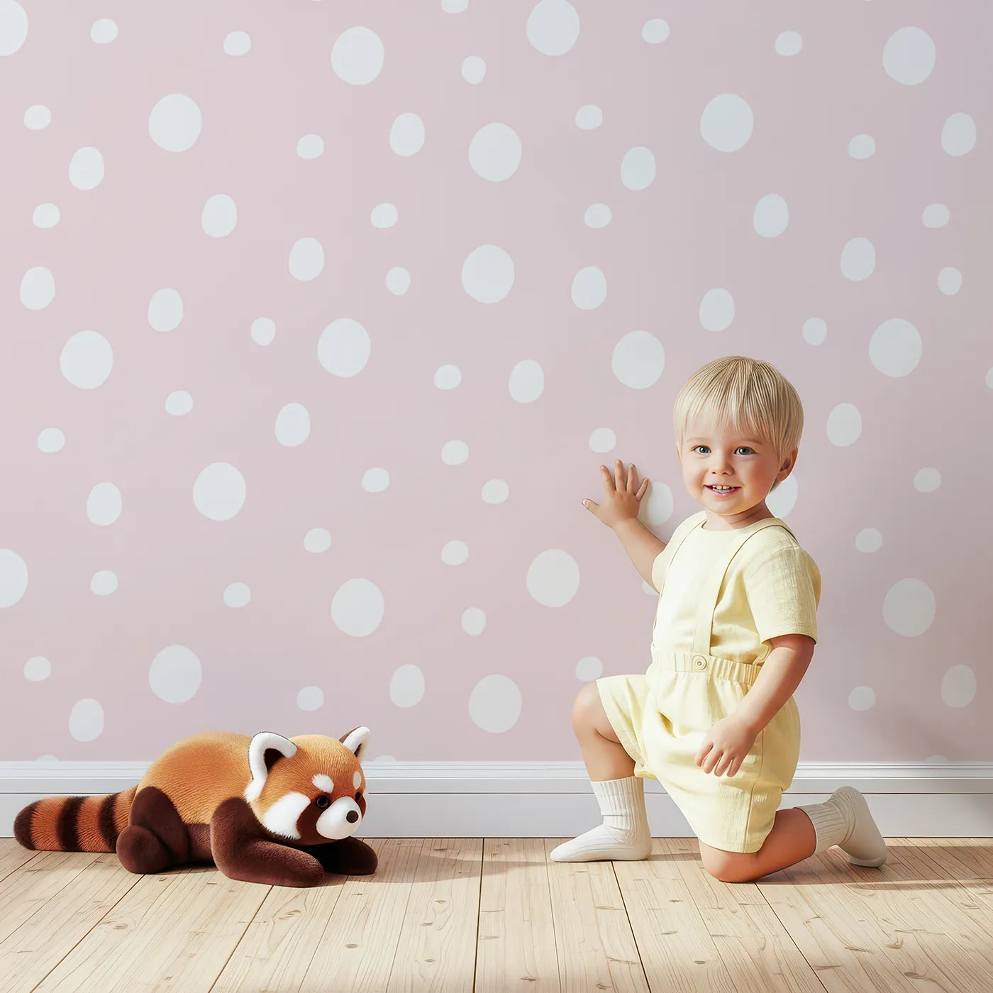 Lovely child standing in front of Whimsy Tots Gentle Pebble Dots Wallpaper in Blush Cream with dot, spot, pebble, blush in design.