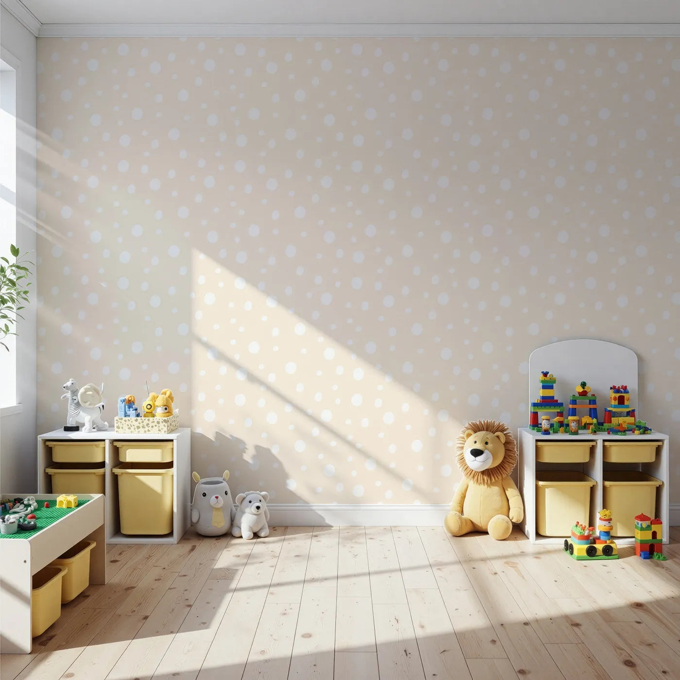 Front view of Whimsy Tots' Gentle Pebble Dots Wallpaper in Butter Beige