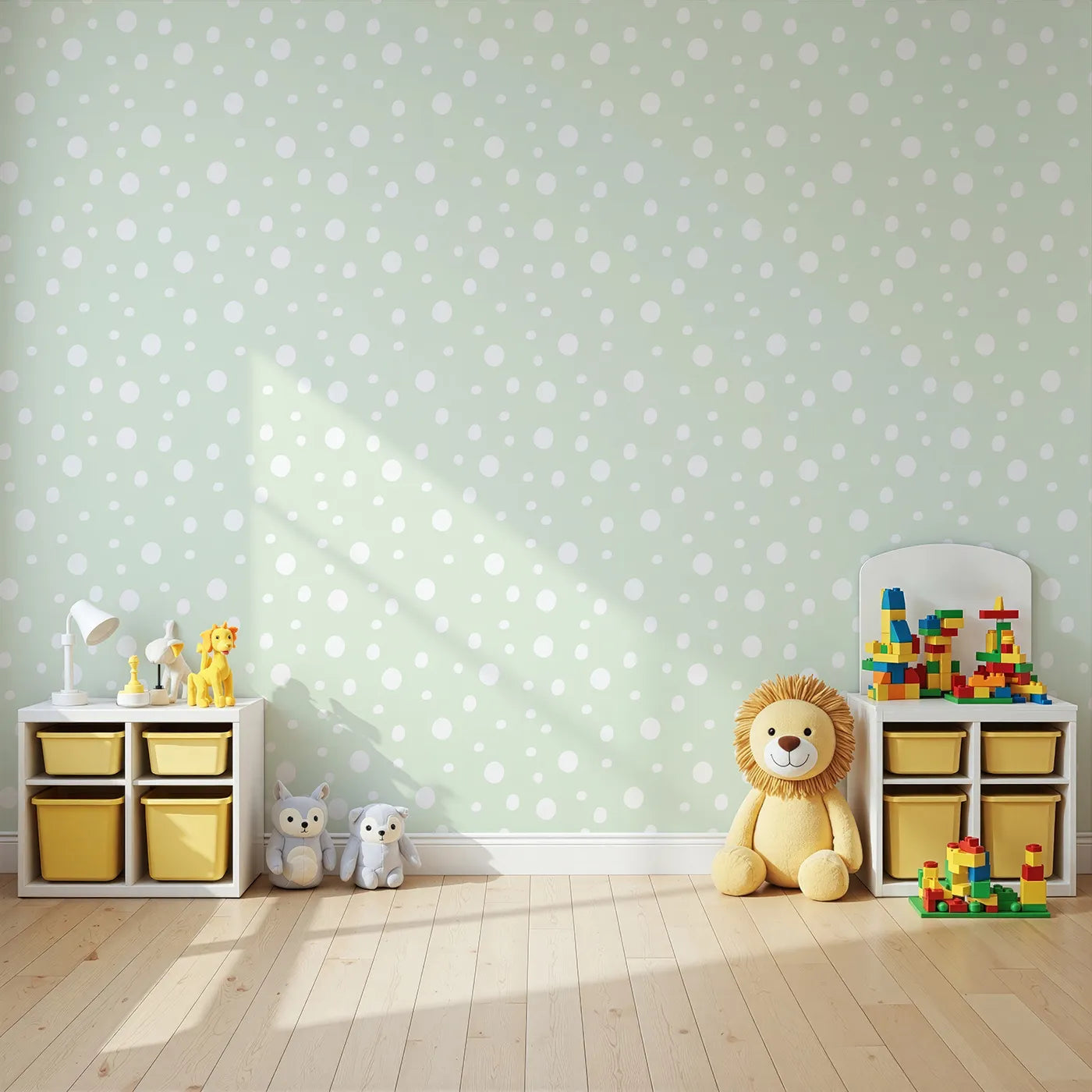 Angled view of Whimsy Tots' Gentle Pebble Dots Wallpaper in Mint Cream (W3136C).Soft white pebbles dance across a gentle mint field.