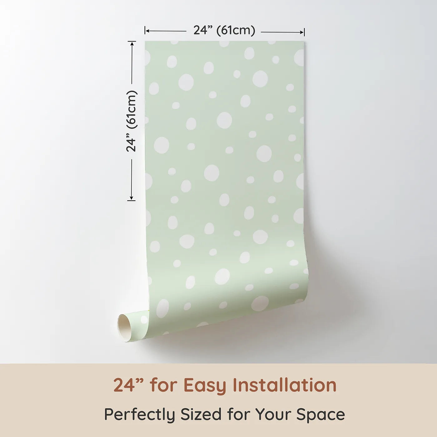 Dimension view of Whimsy Tots Gentle Pebble Dots Wallpaper in Mint Cream (W3136C). Printed in 24-inch-wide panel for easy installation. Soft white pebbles dance across a gentle mint field.