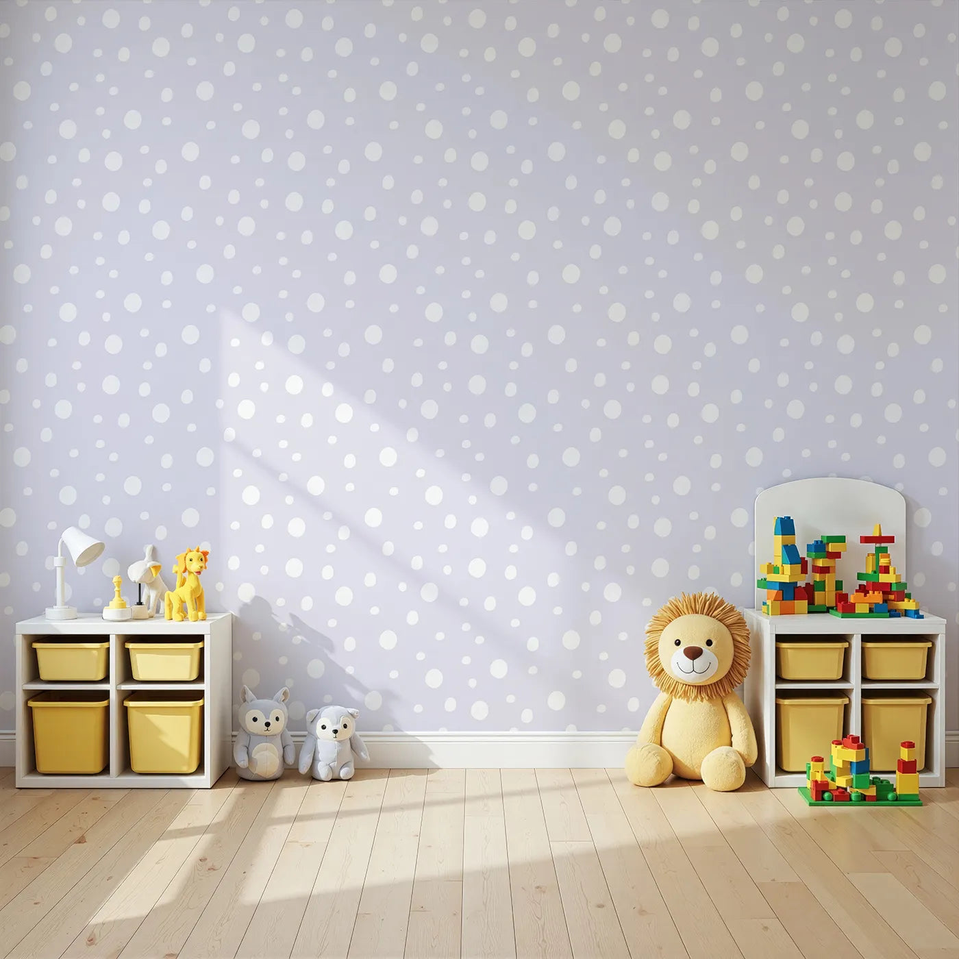Angled view of Whimsy Tots' Gentle Pebble Dots Wallpaper in Lavender Haze (W3136E).Floating pebbles drift gently across a misty lavender sky.