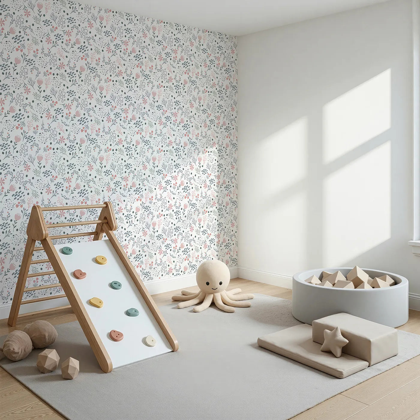 Angled view of Whimsy Tots' Wildflower Scribble Garden Wallpaper in Soft Sketch (W3137A).Doodles and petals dance through a delicate garden of whimsy.