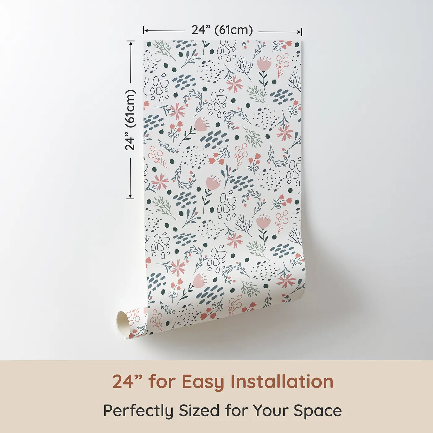 Dimension view of Whimsy Tots Wildflower Scribble Garden Wallpaper in Soft Sketch (W3137A). Printed in 24-inch-wide panel for easy installation. Doodles and petals dance through a delicate garden of whimsy.