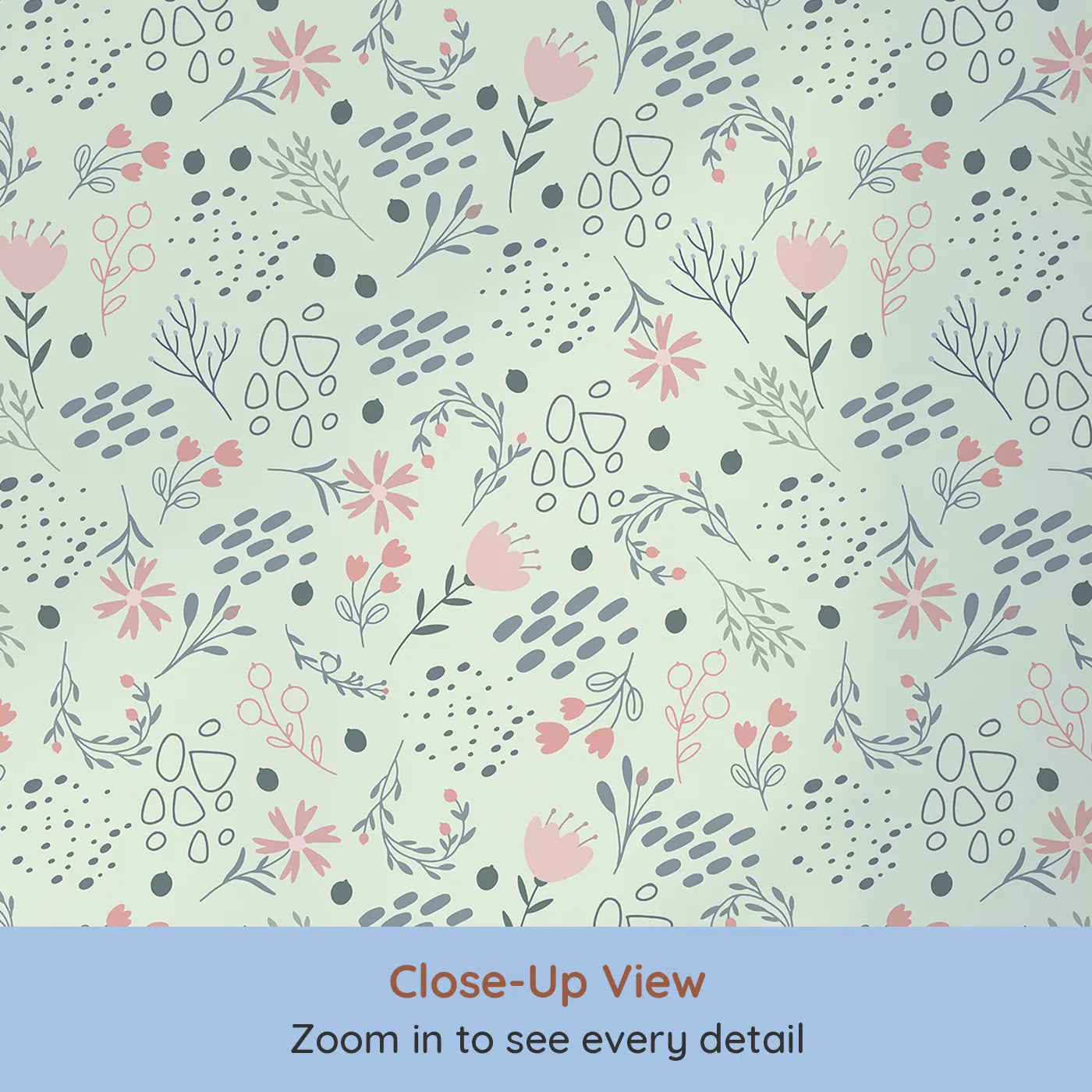 Close-up view of Whimsy Tots' Wildflower Scribble Garden Wallpaper in Mint Sketch Green (W3137D).Sketchy florals and leafy doodles dance across a refreshing mint canvas.