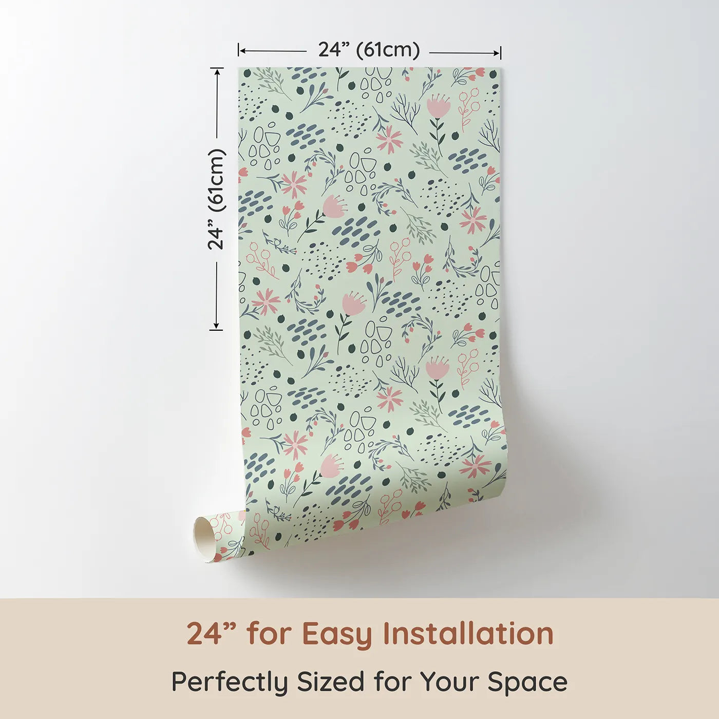 Dimension view of Whimsy Tots Wildflower Scribble Garden Wallpaper in Mint Sketch Green (W3137D). Printed in 24-inch-wide panel for easy installation. Sketchy florals and leafy doodles dance across a refreshing mint canvas.