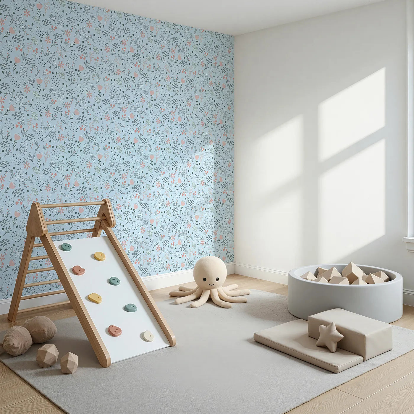 Angled view of Whimsy Tots' Wildflower Scribble Garden Wallpaper in Sky Sketch (W3137E).Soft flowers and whimsical lines float gently across a powder-blue dream.
