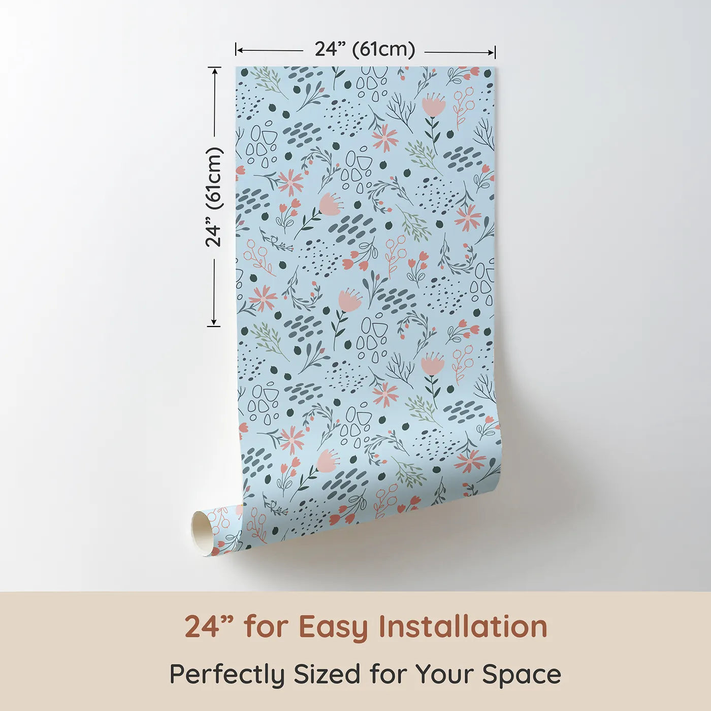 Dimension view of Whimsy Tots Wildflower Scribble Garden Wallpaper in Sky Sketch (W3137E). Printed in 24-inch-wide panel for easy installation. Soft flowers and whimsical lines float gently across a powder-blue dream.