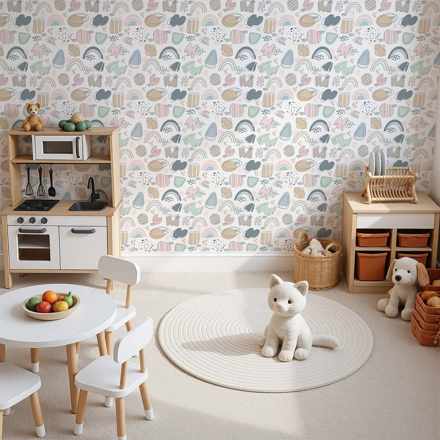 Top-Down view of Whimsy Tots' Pastel Scribble Rainbow Wallpaper (W3138).Rainbows and doodles bounce across a dreamy pastel canvas.