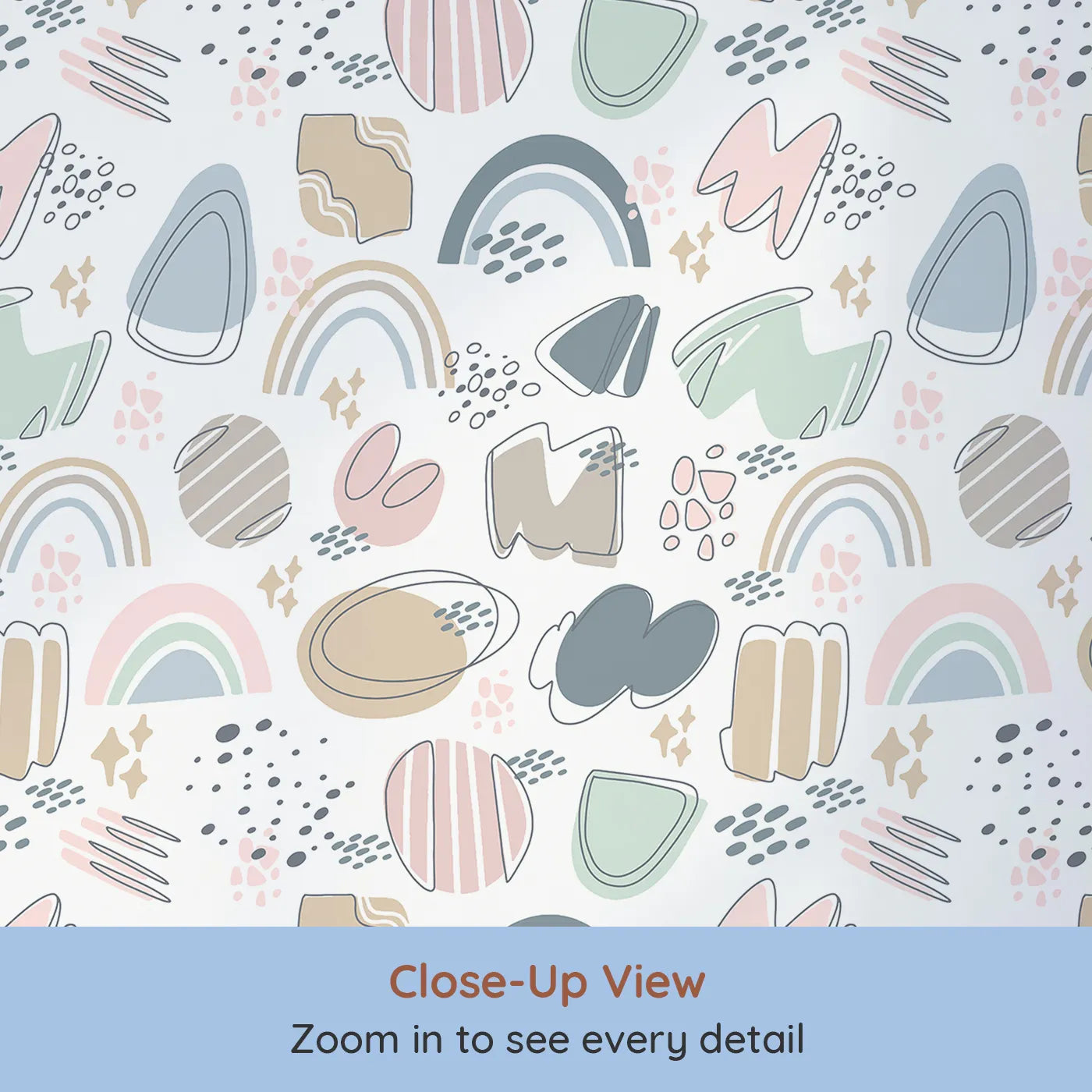 Close-up view of Whimsy Tots' Pastel Scribble Rainbow Wallpaper (W3138).Rainbows and doodles bounce across a dreamy pastel canvas.